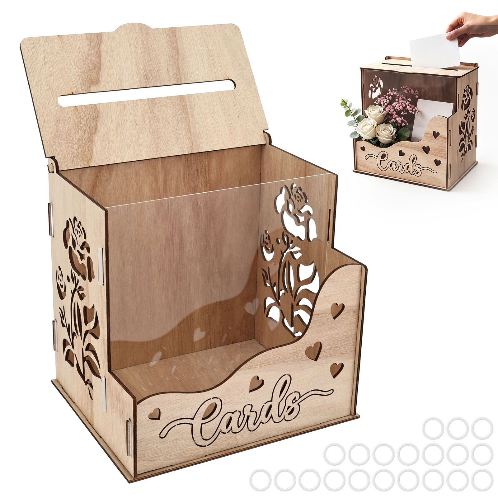 Wedding Card Box - Ahşap Parti Kart Kutusu, Akrilik Pencereli